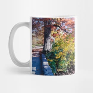 HIDDEN TEMPLE Red Tree Autumn Stone Bridge Leaves orange and green nature pretty delicate foliage Mug